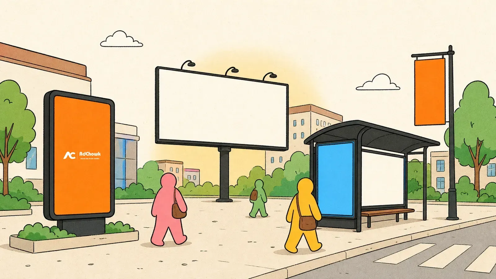 AdChowk placement engine — map, billboards and phone mockup