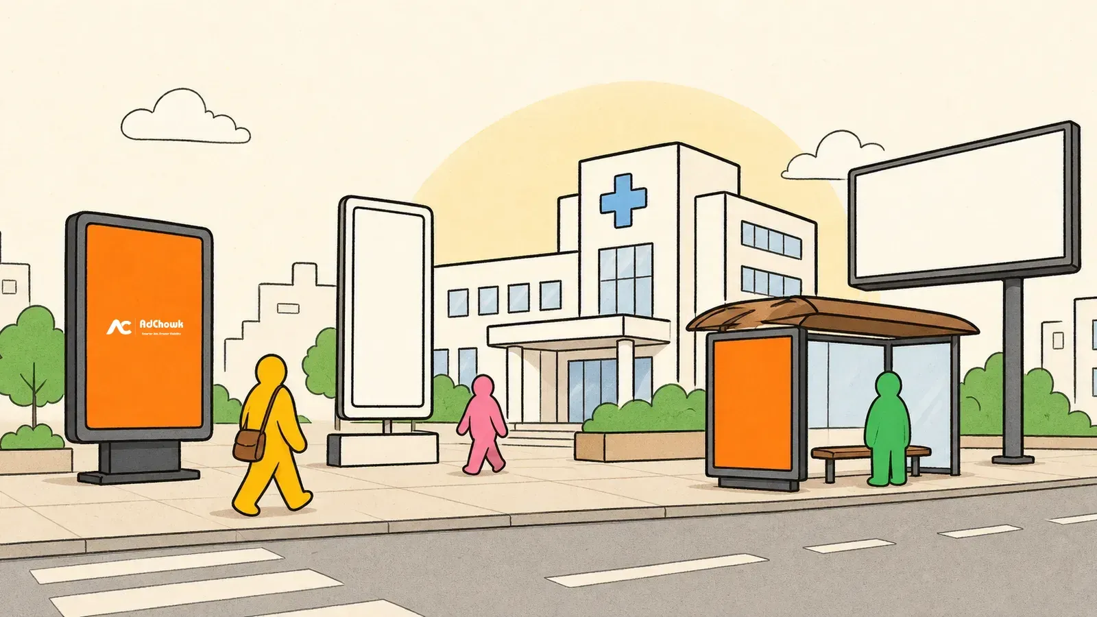 AdChowk placement engine — map, billboards and phone mockup