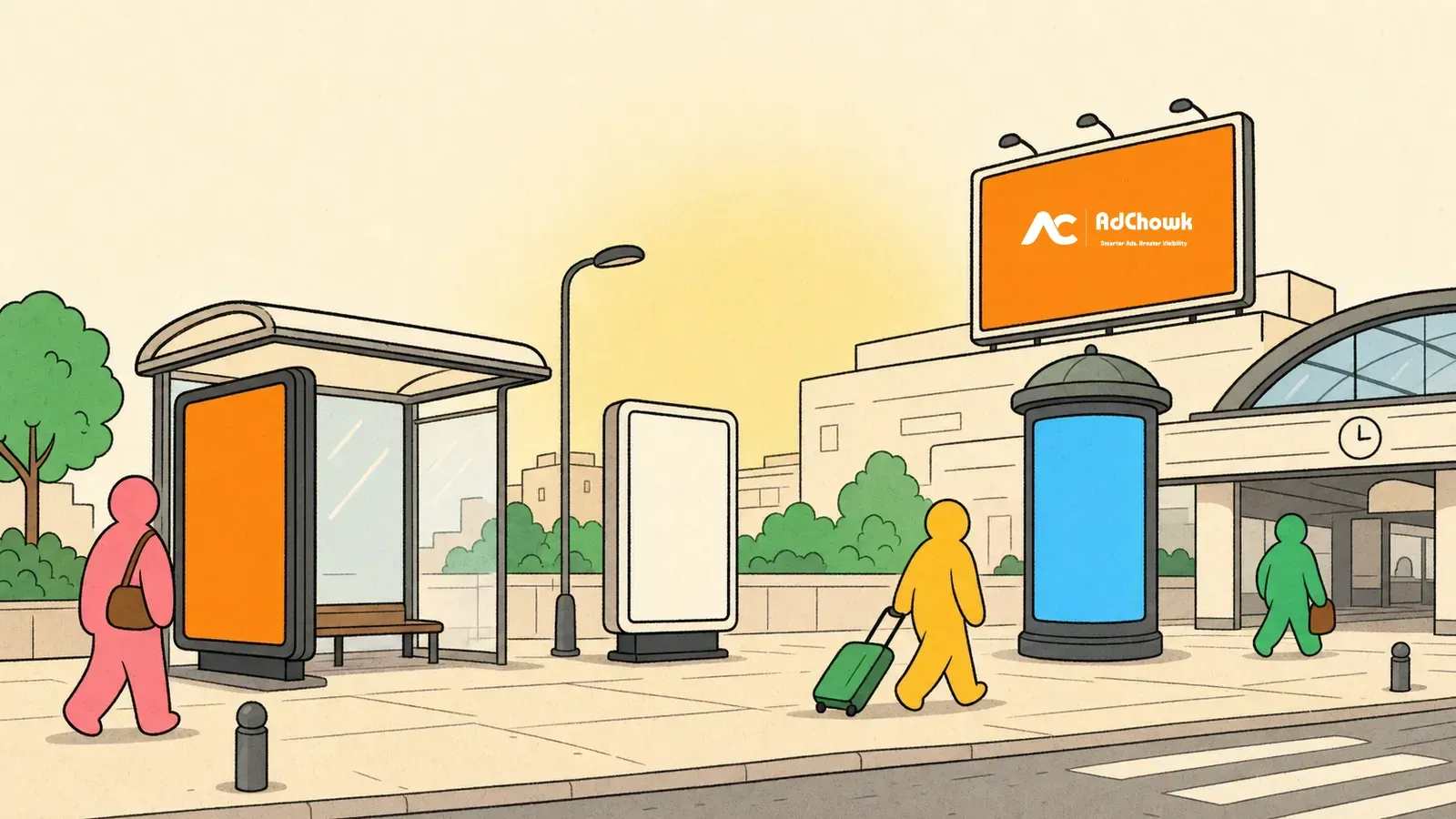 AdChowk placement engine — map, billboards and phone mockup